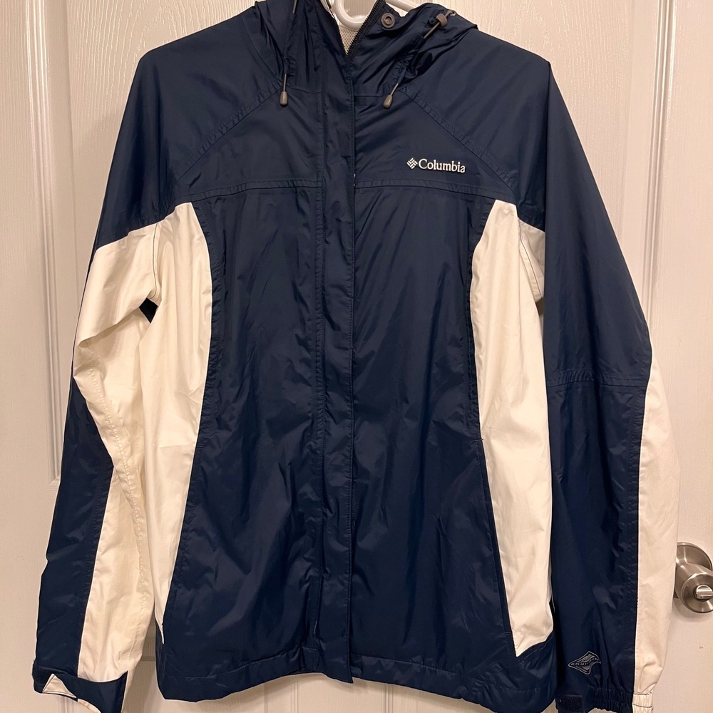 Columbia Omni-Tech Rain Jacket Womens Large Navy Blue White Waterproof Hooded